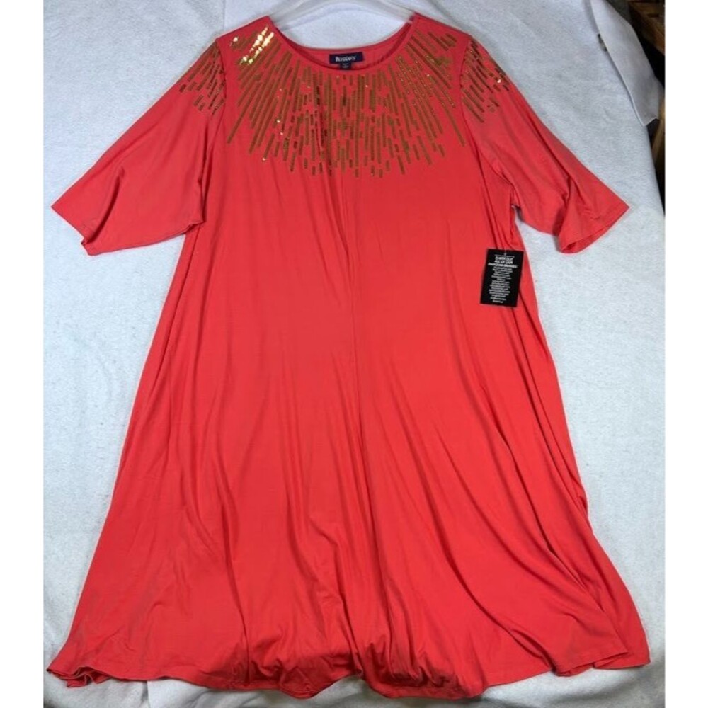 Roaman's 3X 30/32 Coral Pink Sequin Burst Short Sleeve Swing Dress NWT